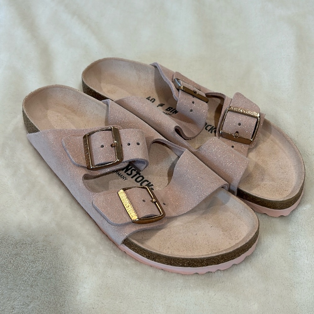 Birkenstock women’s Arizona natural leather Metallic Sandals